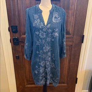 Johnny Was Kairi Embroidered Chambray Denim Blue Dress